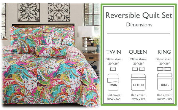 Flourish Multicolor 3-Piece Reversible Quilt Bedding Set