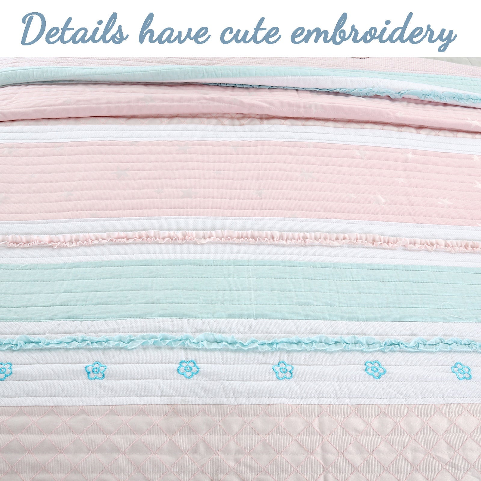 Candy Light Pink Blue Ruffle Floral Stripe Real Patchwork Girl Cotton Reversible Quilt Bedding Set