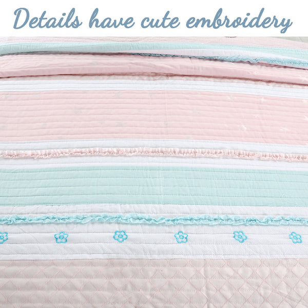 Candy Light Pink Blue Ruffle Floral Stripe Real Patchwork Girl Cotton Reversible Quilt Bedding Set