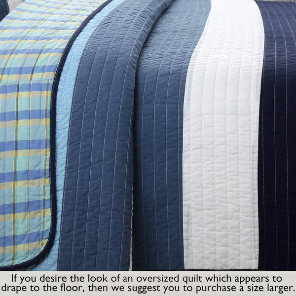 Sophisticated Shades of Ocean Blues Stripped Cotton Reversible Quilt Bedding Set