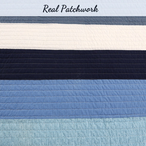 Sophisticated Shades of Ocean Blues Stripped Cotton Reversible Quilt Bedding Set