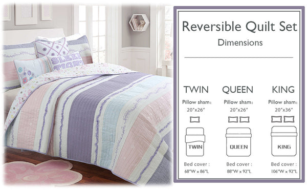 Lavender Pink Blue Chic Ruffle Girl Cotton Reversible Quilt Bedding Set