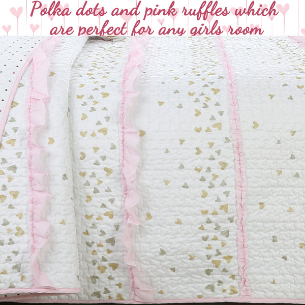 Sweet Heart Polka Dot Pink Ruffle Cotton Reversible Quilt Bedding Set