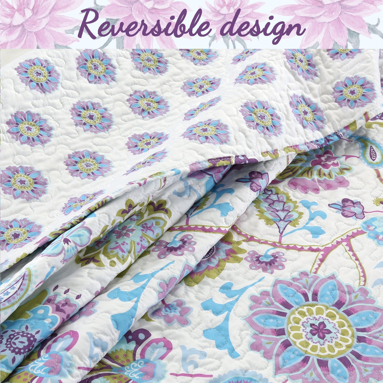 Purplish Floral 3-Piece Reversible Quilt Bedding Set