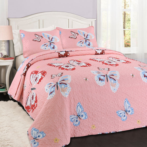 Butterflies Flutter Pink Girl Print Reversible Quilt Bedding Set