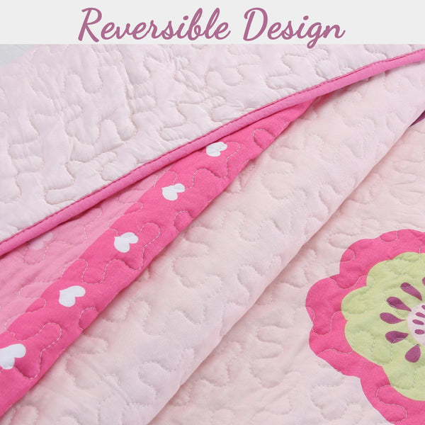 Pink Flower Garden Girl Print Reversible Quilt Bedding Set