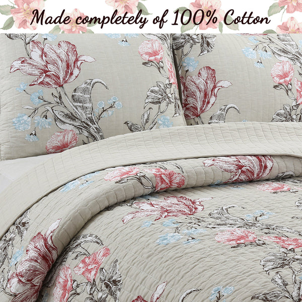 Modern Blooming Floral 3-Piece Reversible Quilt Bedding Set