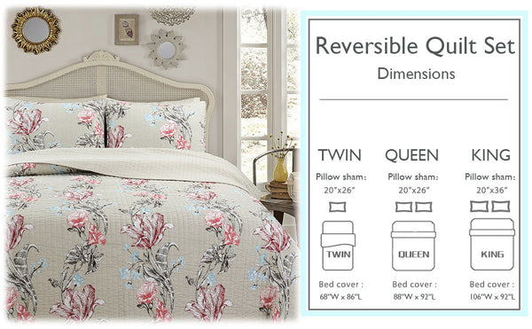 Modern Blooming Floral 3-Piece Reversible Quilt Bedding Set