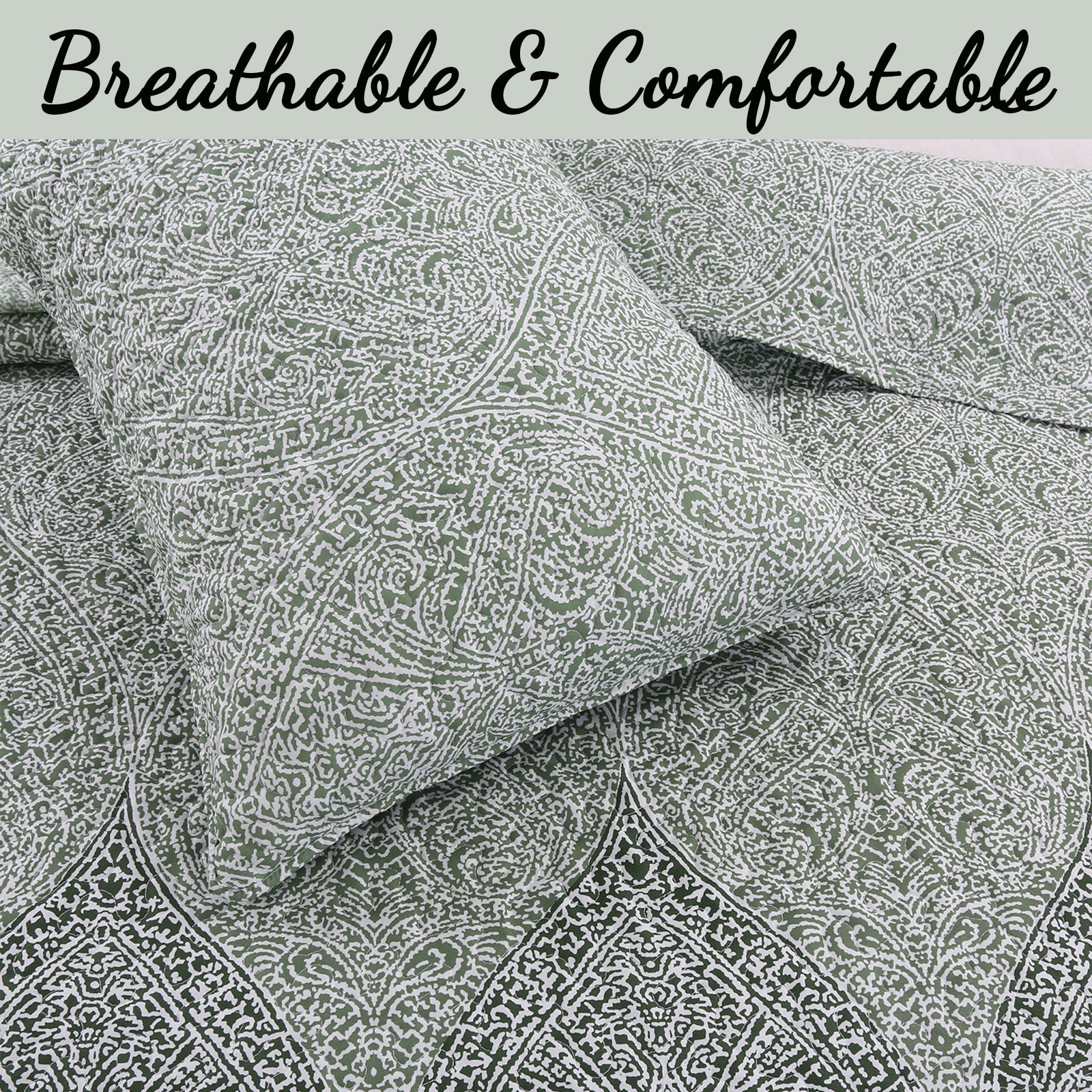 Ombre Leaf Sage Forest Green Medallion 3- Piece Reversible Quilt Bedding Set