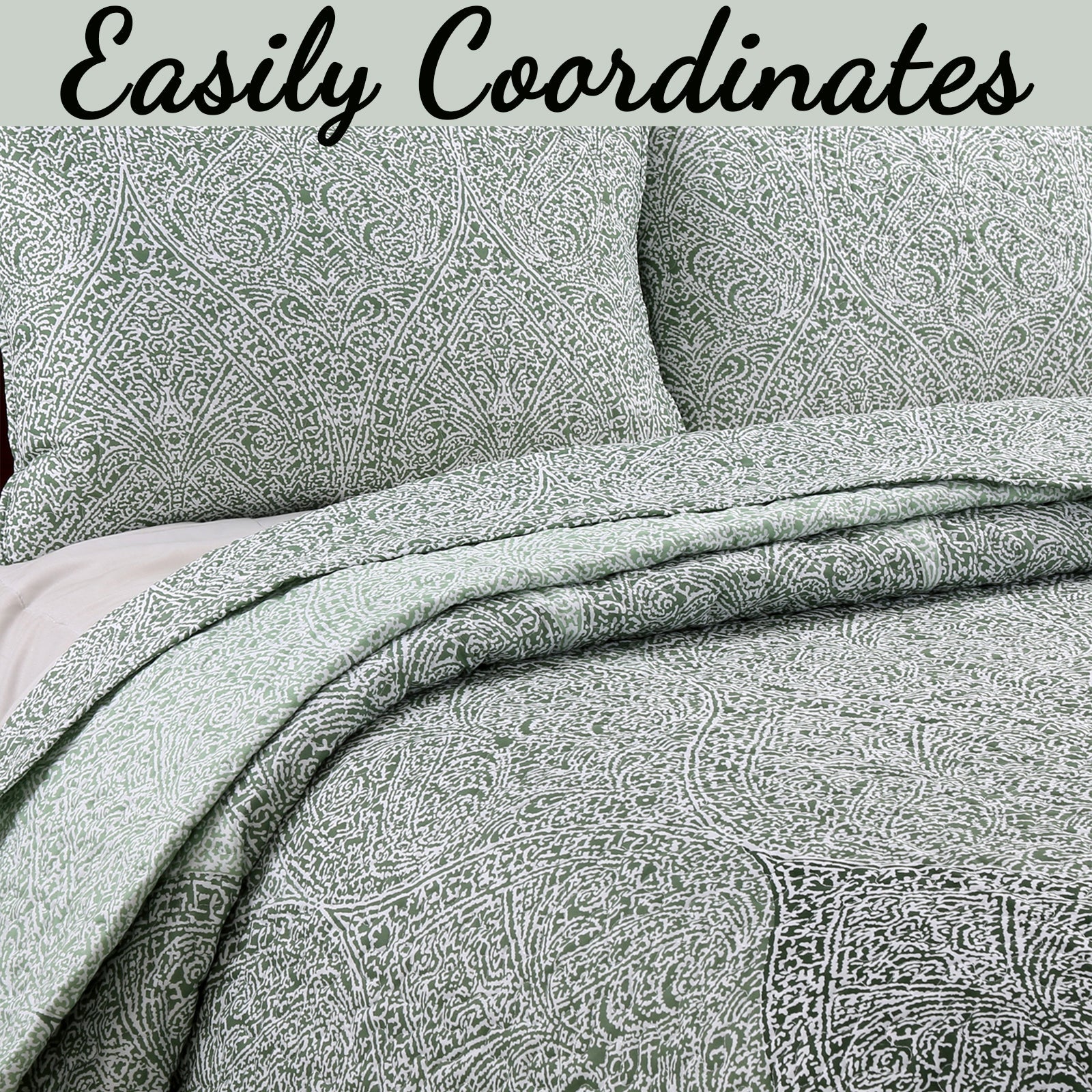 Ombre Leaf Sage Forest Green Medallion 3- Piece Reversible Quilt Bedding Set