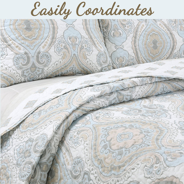 Modern Medallion Sky Blue Tan Gray Brocade 3-Piece Reversible Quilt Bedding Set