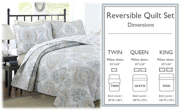 Modern Medallion Sky Blue Tan Gray Brocade 3-Piece Reversible Quilt Bedding Set