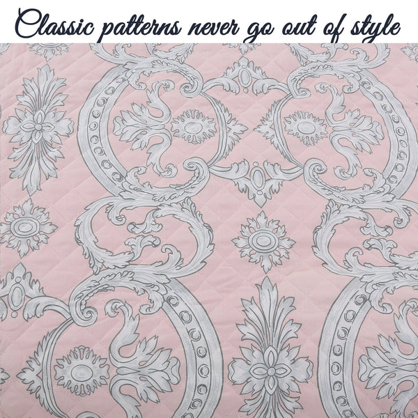 Millennial Pink Floral Majesty Medallion Queen 3-Piece Reversible Quilt Bedding Set