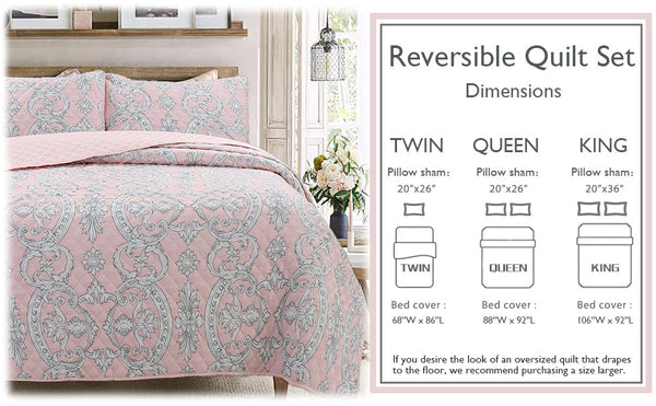 Millennial Pink Floral Majesty Medallion Queen 3-Piece Reversible Quilt Bedding Set
