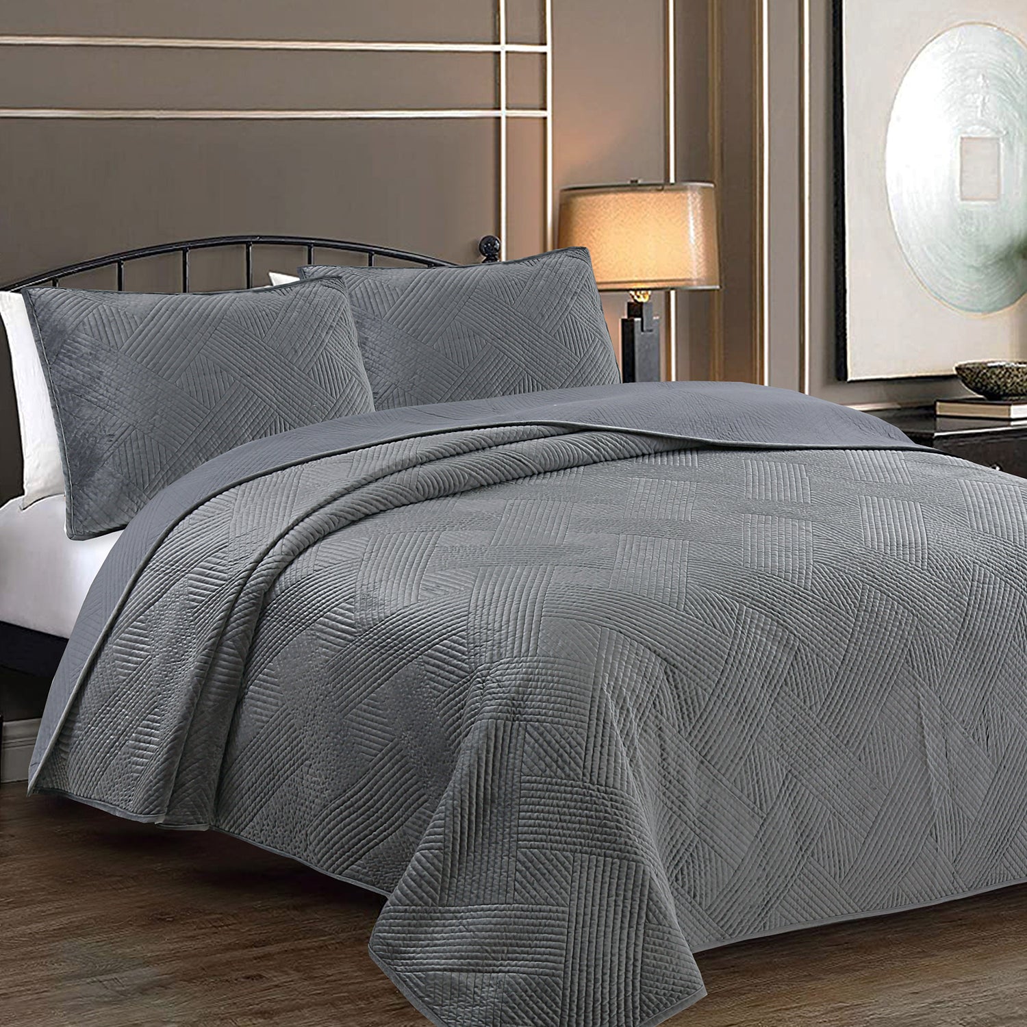 Soft Velvet Basket Weave Stripe Solid Blue or Grey 3-Piece Reversible Quilt Bedding Set