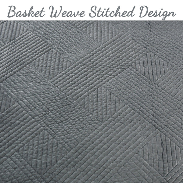 Soft Velvet Basket Weave Stripe Solid Blue or Grey 3-Piece Reversible Quilt Bedding Set