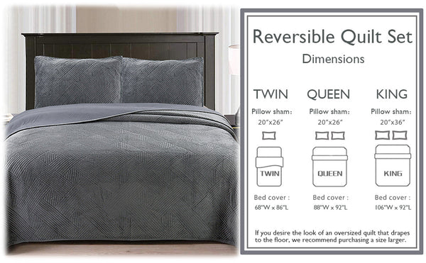 Soft Velvet Basket Weave Stripe Solid Blue or Grey 3-Piece Reversible Quilt Bedding Set