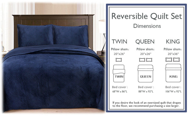 Soft Velvet Basket Weave Stripe Solid Blue or Grey 3-Piece Reversible Quilt Bedding Set