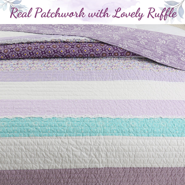 Purple Cosmos Spring Floral Stripe Garden Lavender Teal Ruffle Cotton Reversible Quilt Bedding Set