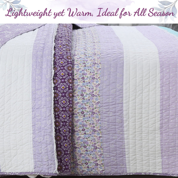 Purple Cosmos Spring Floral Stripe Garden Lavender Teal Ruffle Cotton Reversible Quilt Bedding Set