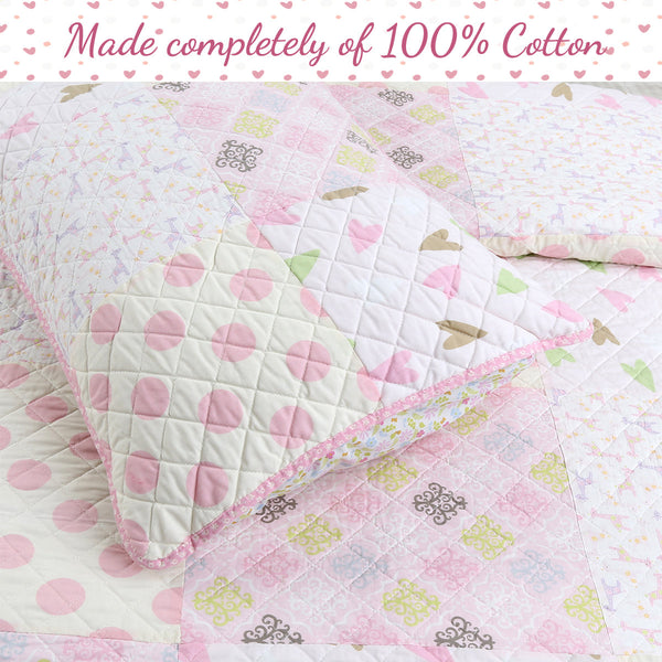 Pink Heart Floral Dot Giraffe Medallion Real Patchwork Cotton Reversible Quilt Bedding Set