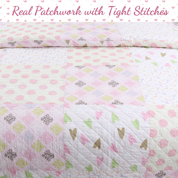 Pink Heart Floral Dot Giraffe Medallion Real Patchwork Cotton Reversible Quilt Bedding Set