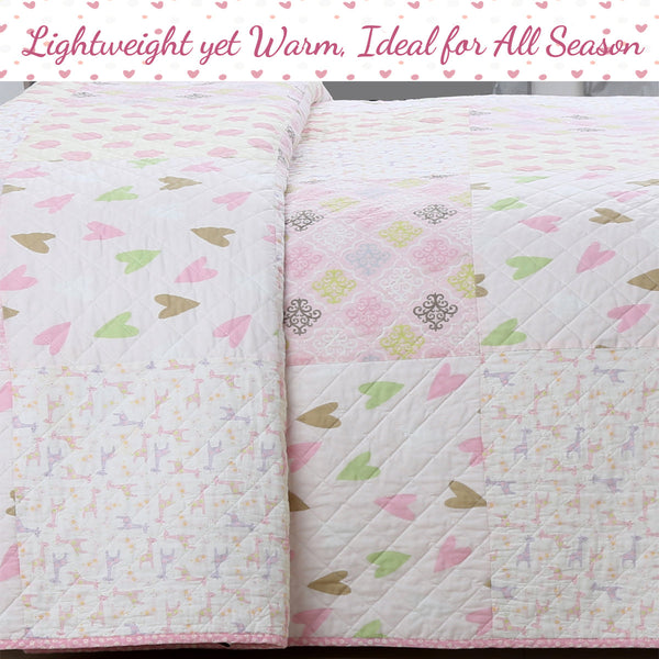 Pink Heart Floral Dot Giraffe Medallion Real Patchwork Cotton Reversible Quilt Bedding Set