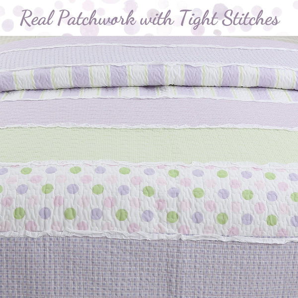 Lilac Purple Green Stripe Polka Dot Checker White Ruffle Real Patchwork Cotton Reversible Quilt Bedding Set