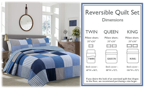 Blue Jean Plaid Stripes Tartan Real Patchwork Cotton Reversible Quilt Bedding Set