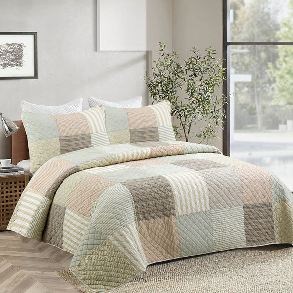 Earth Tone Brown Tan Beige Stripe Checker Real Patchwork 3-Piece Cotton Reversible Quilt Bedding Set
