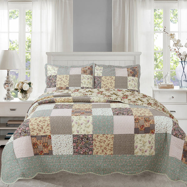 Country Floral Chic Scalloped Real Patchwork Cotton 3-Piece Quilt Bedding Set