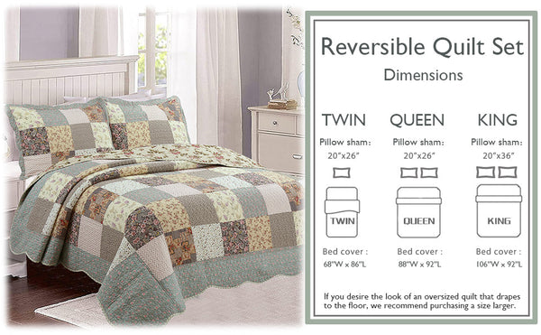 Country Floral Chic Scalloped Real Patchwork Cotton 3-Piece Quilt Bedding Set