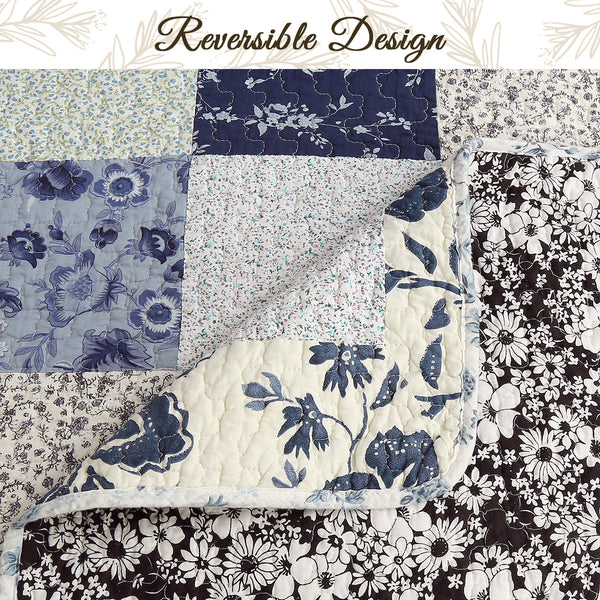 Azure Blue Floral Garden Patchwork 3 Piece Cotton Reversible Quilt Bedding Set