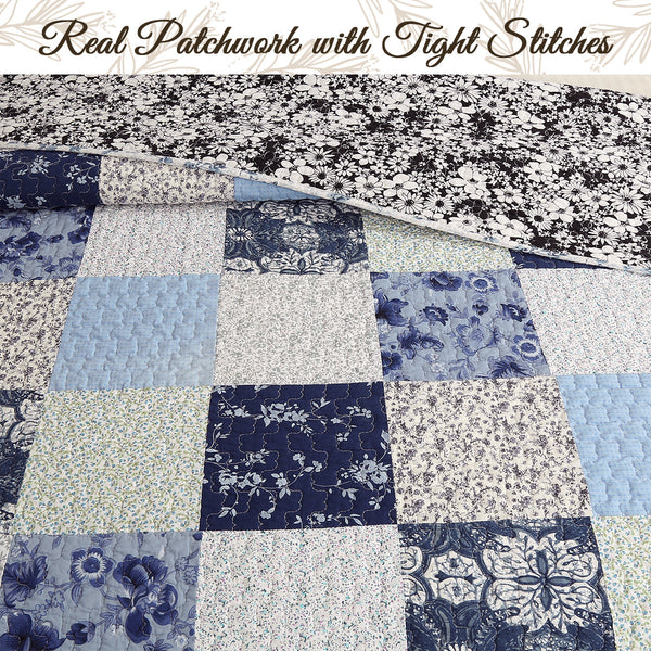 Azure Blue Floral Garden Patchwork 3 Piece Cotton Reversible Quilt Bedding Set