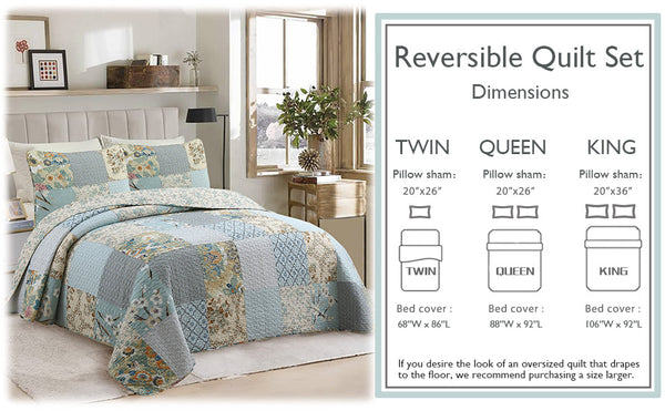 Sky Blue Floral Patens Ogee Patchwork Cotton Quilt Bedding Set
