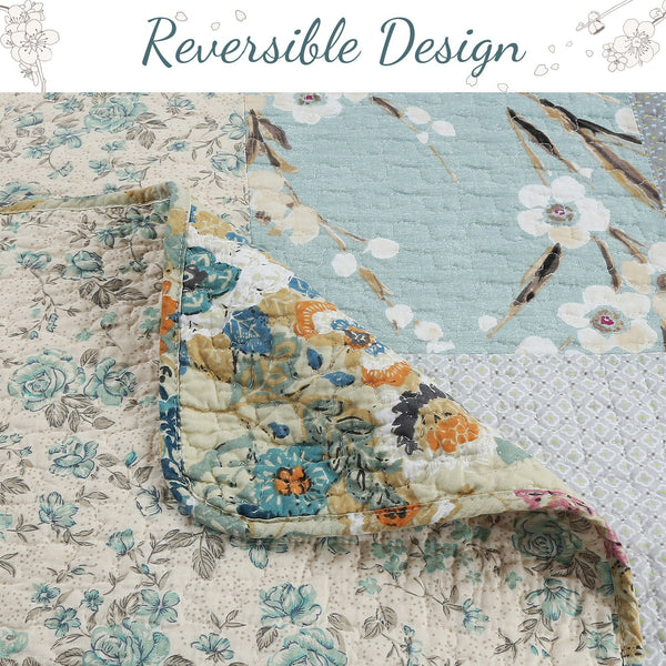 Sky Blue Floral Patens Ogee Patchwork Cotton Quilt Bedding Set