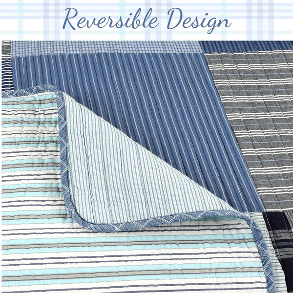 Navy Klein Blue Plaid Stripe Tartan Patchwork Cotton Reversible Quilt Bedding Set