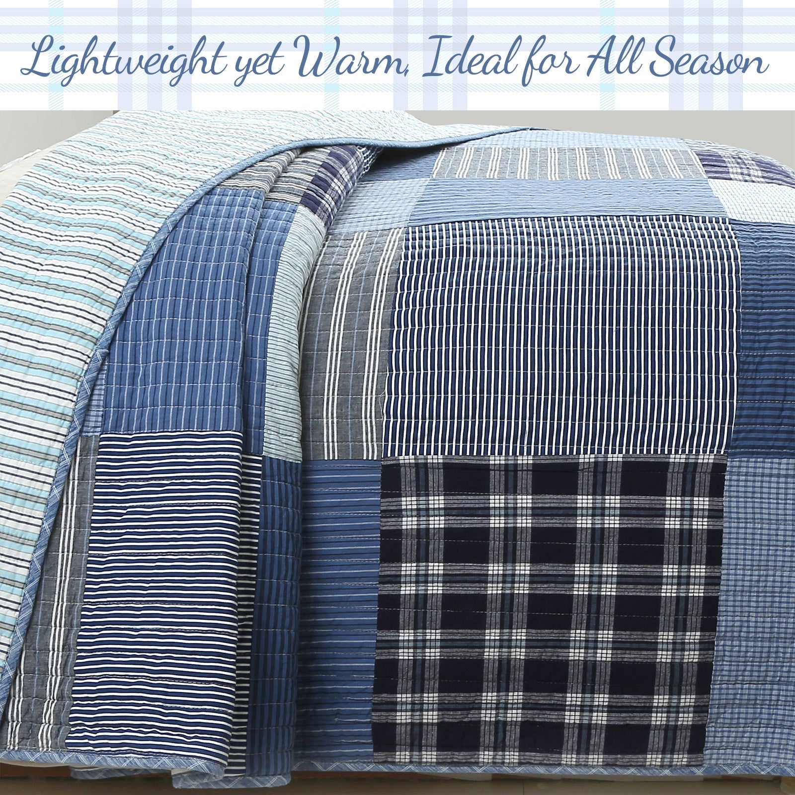 Navy Klein Blue Plaid Stripe Tartan Patchwork Cotton Reversible Quilt Bedding Set