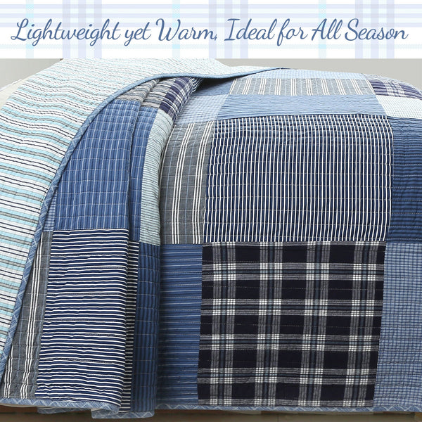 Navy Klein Blue Plaid Stripe Tartan Patchwork Cotton Reversible Quilt Bedding Set