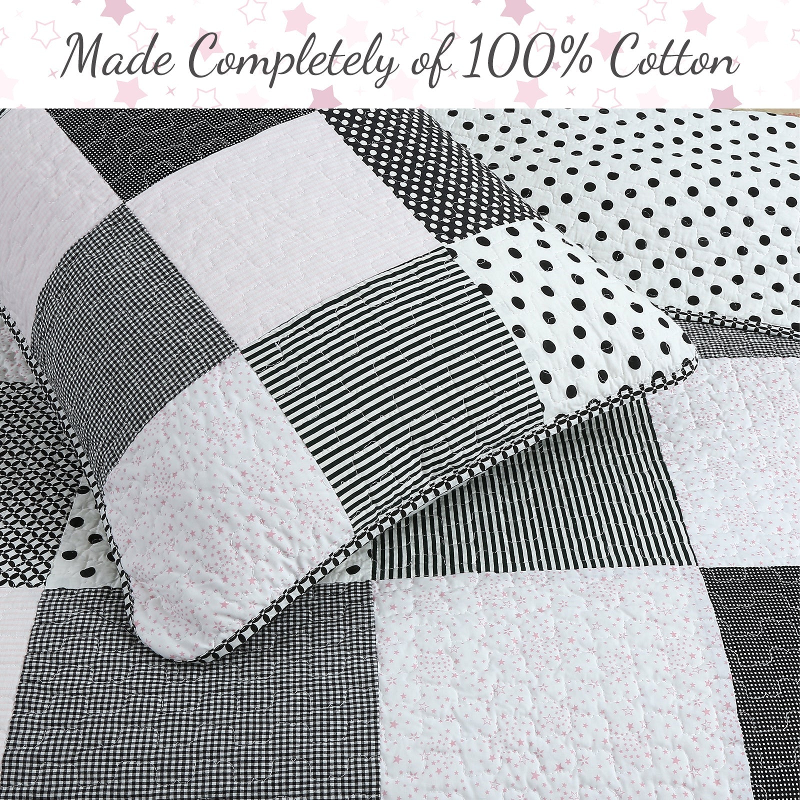 Halftone Black White Subtle Pink Polka Dot Patchwork Cotton Quilt Bedding Set