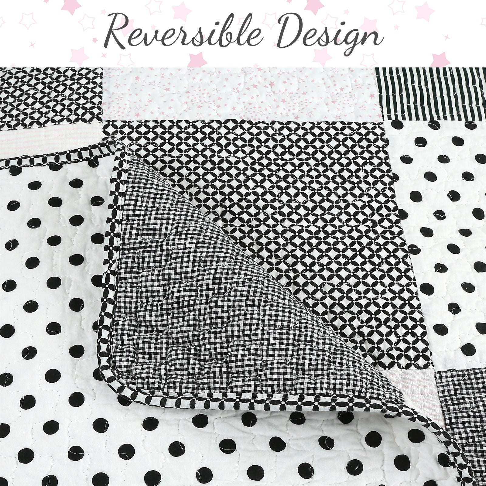 Halftone Black White Subtle Pink Polka Dot Patchwork Cotton Quilt Bedding Set