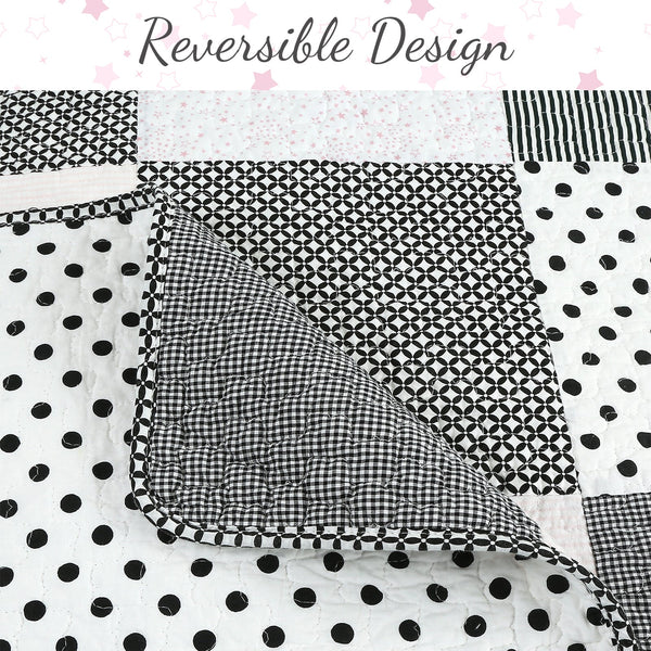 Halftone Black White Subtle Pink Polka Dot Patchwork Cotton Quilt Bedding Set
