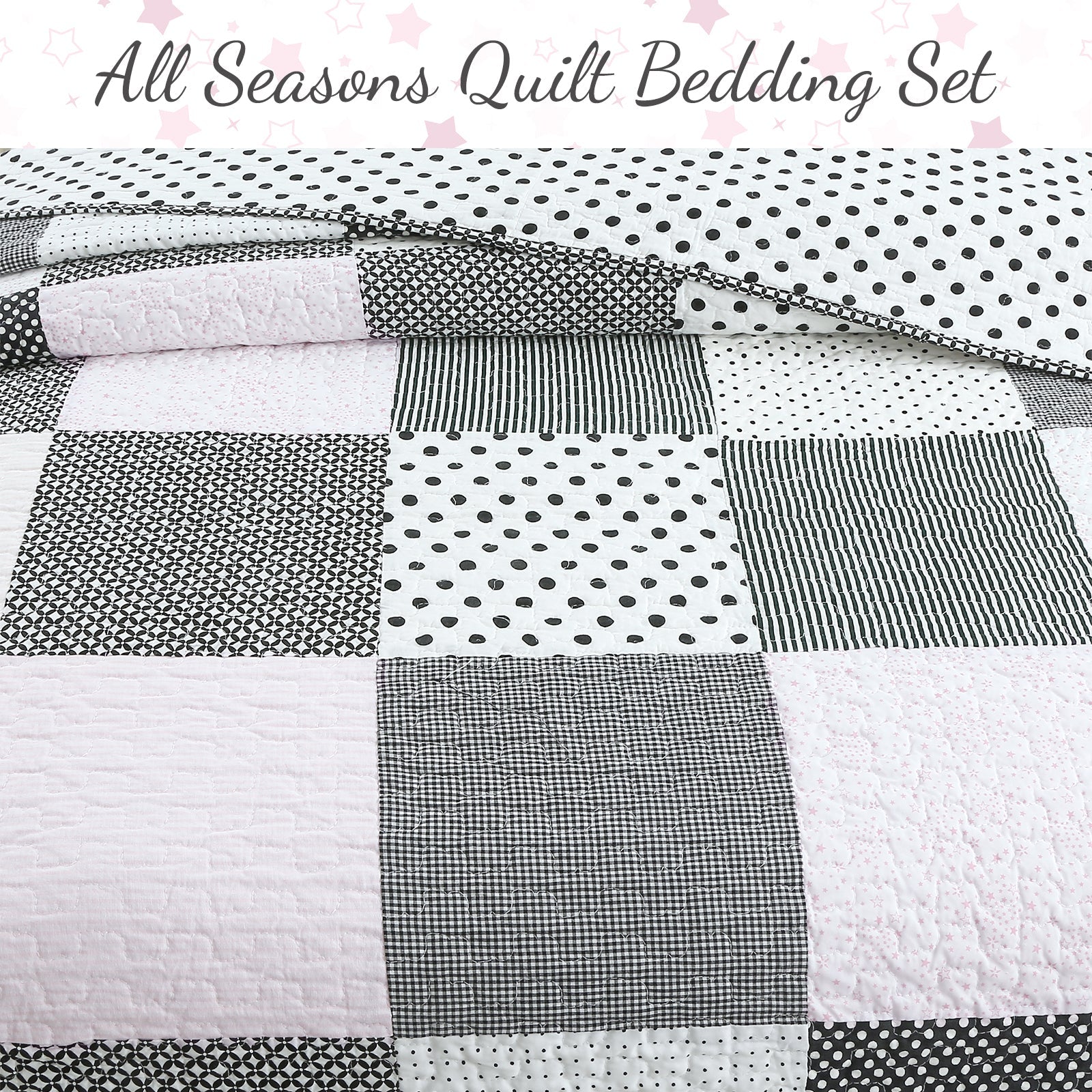 Halftone Black White Subtle Pink Polka Dot Patchwork Cotton Quilt Bedding Set