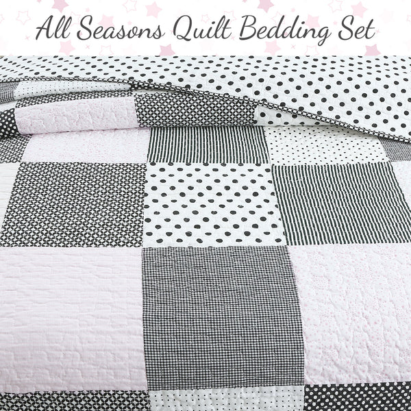 Halftone Black White Subtle Pink Polka Dot Patchwork Cotton Quilt Bedding Set