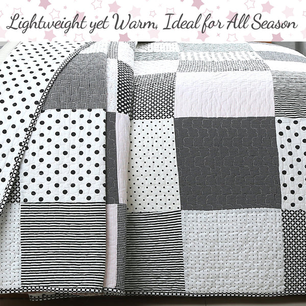 Halftone Black White Subtle Pink Polka Dot Patchwork Cotton Quilt Bedding Set