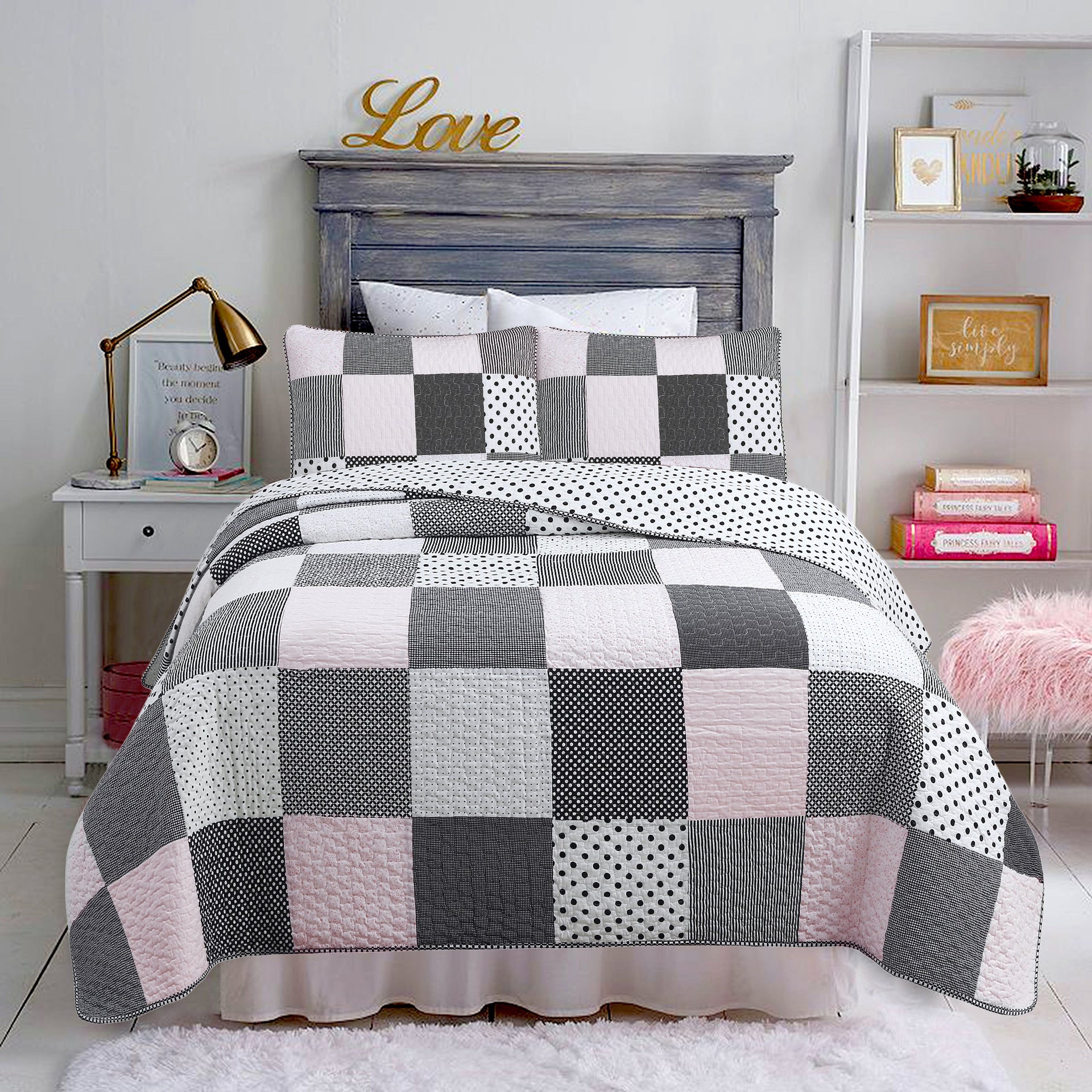 Halftone Black White Subtle Pink Polka Dot Patchwork Cotton Quilt Bedding Set