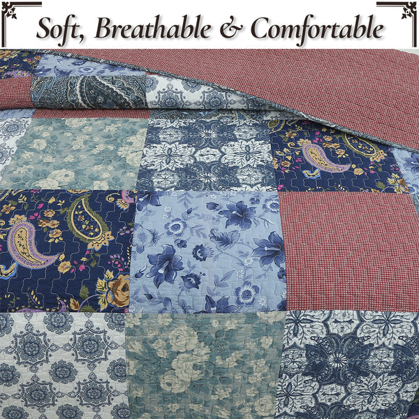 Country Cozy Blue Rose Floral Paisley Garden Cotton 3 Piece Patchwork Quilt Bedding Set