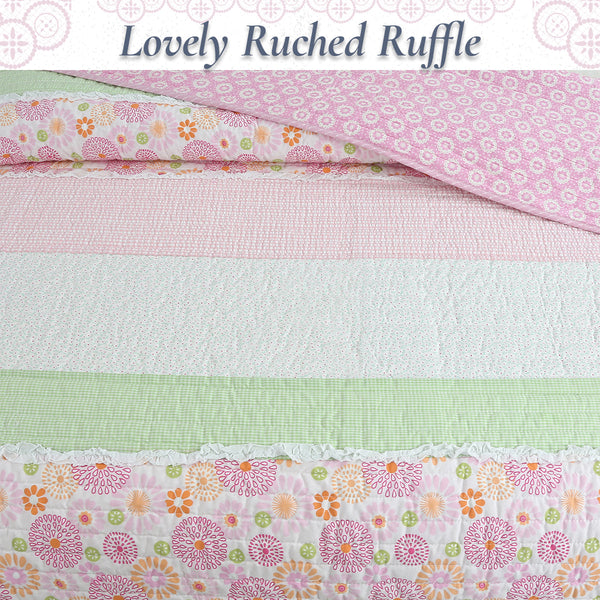 Pink Floral Fun Whimsy Gingham Stripe Cotton Quilt Bedding Set