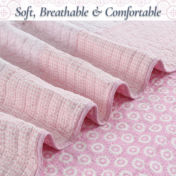 Pink Floral Fun Whimsy Gingham Stripe Cotton Quilt Bedding Set