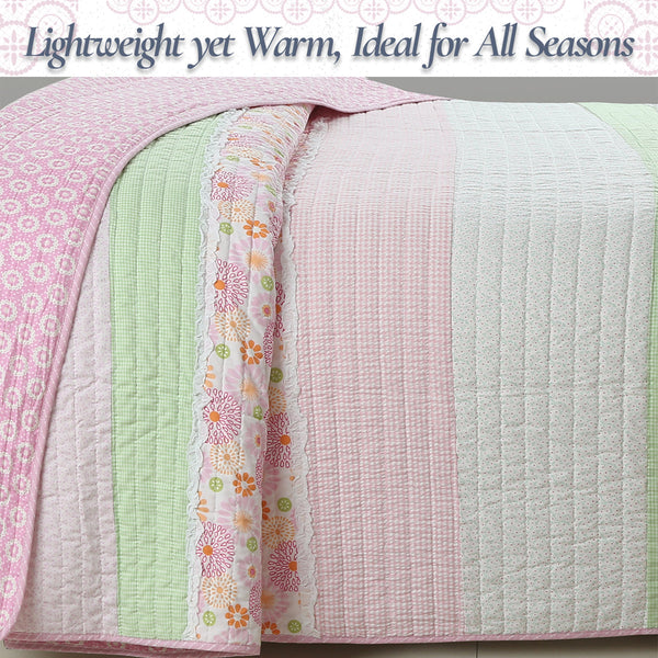 Pink Floral Fun Whimsy Gingham Stripe Cotton Quilt Bedding Set